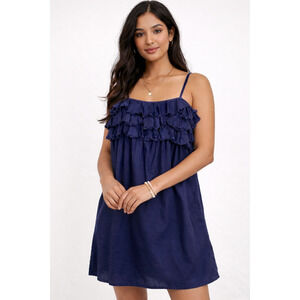 Navy Blue Ruffle Strap Dress Women’s Medium Cotton Boho Babydoll Mini